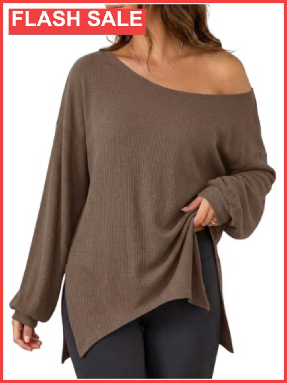 Womens Off Shoulder Oversized Ribbed Knit Sweatshirt Long Sleeve Tunic Top